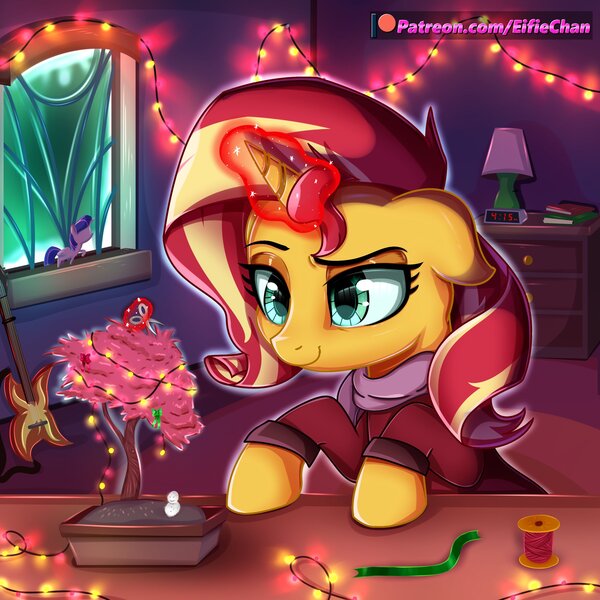 Size: 3000x3000 | Tagged: safe, artist:katakiuchi4u, derpibooru import, sunset shimmer, pony, unicorn, bonsai, book, christmas, clock, clothes, fairy lights, female, glowing horn, guitar, holiday, lantern, levitation, magic, magic aura, mare, patreon, patreon logo, ribbon, scarf, scissors, smiling, solo, string lights, telekinesis