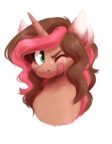 Size: 872x1117 | Tagged: safe, artist:crownedspade, derpibooru import, oc, oc:tia cakes, unofficial characters only, unicorn, bust, female, fluffy, mare, portrait, simple background, solo, tongue out, transparent background