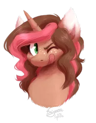 Size: 872x1117 | Tagged: safe, artist:crownedspade, derpibooru import, oc, oc:tia cakes, unofficial characters only, unicorn, bust, female, fluffy, mare, portrait, simple background, solo, tongue out, transparent background