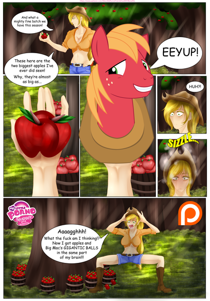 Size: 3501x5000 | Tagged: suggestive, artist:wild stallions, derpibooru import, applejack, big macintosh, human, comic:letter for big mac, comic:letter for big mac. vol. 1, my little porno: friendship with benefits, apple, appleballs, applecest, applemac, apple tree, big breasts, breasts, brother and sister, bucket, busty applejack, censored, eeyup, erect nipples, explicit source, female, food, front knot midriff, funny porn, hallucination, hat, humanized, implied balls, implied penis, implied scrotum, implied testicles, incest, male, midriff, nipple outline, patreon, patreon logo, preview, shipping, straight, sweet apple acres, tree, vulgar