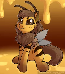 Size: 1121x1280 | Tagged: safe, artist:sugaryviolet, derpibooru import, oc, oc:beeatrice, unofficial characters only, bee, bee pony, original species, pony, antennae, bag, chest fluff, cute, fluffy, food, freckles, honey, saddle bag, solo