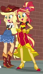 Size: 460x786 | Tagged: safe, derpibooru import, screencap, applejack, sunset shimmer, dance magic, equestria girls, spoiler:eqg specials, alternate hairstyle, boots, clothes, cowboy hat, cropped, cute, dancing, denim skirt, duo, female, hat, high heels, holding hands, jackabetes, legs, ponied up, shimmerbetes, shoes, skirt
