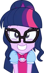 Size: 3000x4920 | Tagged: safe, artist:cloudyglow, derpibooru import, sci-twi, twilight sparkle, eqg summertime shorts, equestria girls, subs rock, .ai available, absurd resolution, bowtie, clothes, cute, excited, female, glasses, grin, ponytail, simple background, smiling, solo, squee, transparent background, twiabetes, vector, vest