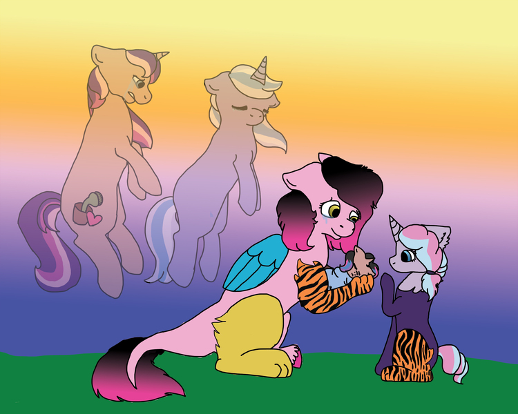 Size: 3000x2400 | Tagged: safe, artist:0rangedrink, derpibooru import, oc, oc:dissonance, oc:fairytale, oc:gillyflower, oc:magic tricks, oc:softwood, unofficial characters only, unicorn, crying, female, interspecies offspring, magical lesbian spawn, offspring, parent:discord, parent:oc:dissonance, parent:oc:magic tricks, parent:oc:softwood, parent:pinkie pie, parent:trixie, parent:twilight sparkle, parents:discopie, parents:timbertwi, parents:twixie