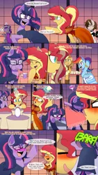 Size: 1500x2667 | Tagged: safe, artist:jase1505, deleted from derpibooru, derpibooru import, applejack, rainbow dash, sci-twi, sunset shimmer, twilight sparkle, oc, oc:ryleigh, ponified, pony, unicorn, comic:night at the gala, series:cloudsdale symphony, series:sunlight horizons, appledash, blushing, cake, choker, clothes, comic, dab, dancing, dialogue, do the sparkle, dress, drunk, drunk twilight, drunker shimmer, eating, equestria girls ponified, eyes closed, female, food, gala dress, glasses, grand galloping gala, lesbian, magic, maid, mare, narration, scitwishimmer, shipping, speech bubble, spit take, sunsetsparkle, unicorn sci-twi, vomit, vomiting