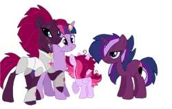 Size: 1387x875 | Tagged: safe, artist:peanutthechub, derpibooru import, fizzlepop berrytwist, tempest shadow, twilight sparkle, oc, my little pony: the movie, family, female, lesbian, magical lesbian spawn, offspring, parent:tempest shadow, parent:twilight sparkle, parents:tempestlight, royal guard, shipping, simple background, story included, tempest becomes a royal guard, tempestlight, transparent background