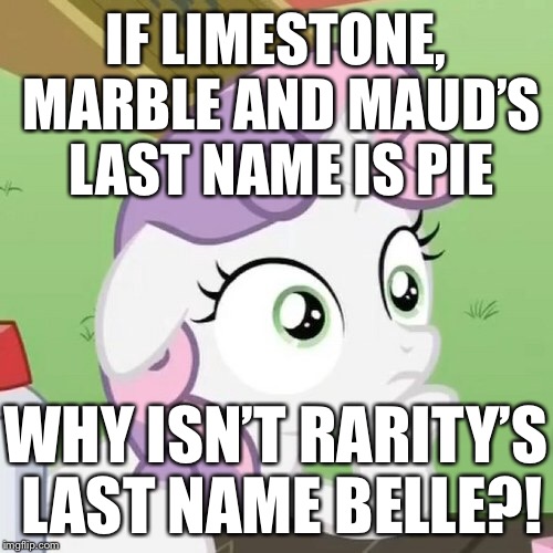 Size: 500x500 | Tagged: safe, derpibooru import, edit, edited screencap, screencap, sweetie belle, ponyville confidential, cropped, exploitable meme, floppy ears, hoof on chin, image macro, implied limestone pie, implied marble pie, implied maud pie, implied rarity, meme, sudden clarity sweetie belle