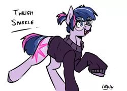 Size: 3500x2500 | Tagged: safe, artist:lrusu, derpibooru import, twilight sparkle, earth pony, pony, leak, spoiler:g5, clothes, cute, earth pony twilight, female, g5, glasses, mare, misspelling, open mouth, raised hoof, raised leg, simple background, smiling, solo, sweater, twiabetes, twilight sparkle (g5), white background