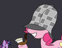 Size: 1280x1000 | Tagged: safe, artist:phat_guy, derpibooru import, pinkie pie, twilight sparkle, twilight sparkle (alicorn), alicorn, earth pony, pony, clothes, covered eyes, cute, deerstalker, detective, diapinkes, duo, eyes closed, facehoof, female, gray background, grin, hat, hidden eyes, hoof hold, mare, pinkie being pinkie, pipe, raised hoof, raised leg, sherlock holmes, simple background, smiling, squee