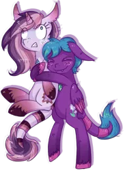 Size: 877x1200 | Tagged: artist:kyaokay, bear hug, derpibooru import, friendship, hug, oc, oc:popcurse, oc:tiffany, safe, simple background, squeezing, transparent background, unofficial characters only, unshorn fetlocks, zenyu