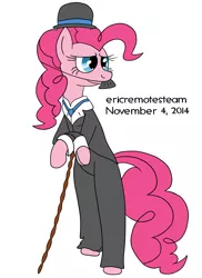 Size: 1275x1755 | Tagged: artist:ericremotesteam, bipedal, bipedal leaning, bowler hat, cane, charlie chaplin, clothes, crossed arms, derpibooru import, digital art, facial hair, hat, leaning, moustache, paint tool sai, pinkie pie, safe, simple background, solo, standing, white background