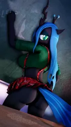 Size: 1080x1920 | Tagged: suggestive, artist:doctorthei, derpibooru import, queen chrysalis, anthro, 3d, ass, breasts, bugbutt, busty queen chrysalis, clothes, female, looking at you, looking back, panties, plaid skirt, school, school uniform, skirt, solo, solo female, source filmmaker, stupid sexy chrysalis, underwear, wingless, wingless anthro
