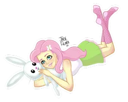 Size: 800x640 | Tagged: safe, artist:theclownqueen, derpibooru import, angel bunny, fluttershy, rabbit, equestria girls, animal, blushing, clothes, female, no more ponies at source, plushie, simple background, skirt, socks, solo, tanktop, transparent background
