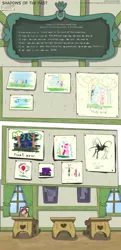 Size: 3000x6205 | Tagged: safe, artist:perfectblue97, derpibooru import, cheerilee, fluttershy, pinkie pie, sunny daze, ponified, pony, comic:shadows of the past, balloon, chalkboard, comic, crayon drawing, drawing, foal, forest, it, photo, ponyville schoolhouse, school desk, slenderman, slendermane, tree