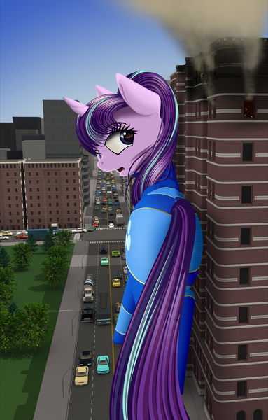 Size: 1835x2874 | Tagged: safe, alternate version, artist:styroponyworks, derpibooru import, starlight glimmer, oc, oc:ultramare, pony, unicorn, 3d, blender, bodysuit, car, city, cityscape, destruction, female, fire, giant pony, giant starlight glimmer, looking back, macro, mare, mega glimmer, mixed media, open mouth, plot