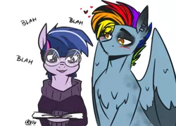 Size: 3500x2500 | Tagged: safe, artist:lrusu, derpibooru import, rainbow dash, twilight sparkle, earth pony, pegasus, pony, g5, leak, spoiler:g5, blushing, book, chest fluff, clothes, ear piercing, earth pony twilight, female, freckles, glasses, half r63 shipping, heart, male, mare, piercing, rainbow blitz, rainbow dash (g5), reading, rule 63, shipping, simple background, stallion, straight, sweater, twiblitz, twidash, twilight sparkle (g5), white background