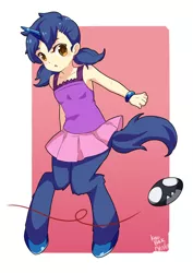Size: 2480x3508 | Tagged: safe, artist:keroblack, derpibooru import, oc, oc:starlight blossom, unofficial characters only, pony, satyr, unicorn, armpits, clothes, cute, female, filly, miniskirt, moe, pleated skirt, satyrized, simple background, skirt, skirt lift, solo, unshorn fetlocks