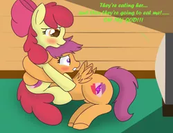 Size: 3300x2550 | Tagged: apple bloom, artist:skyflys, colored pupils, cute, cutie mark, derpibooru import, female, horror movie, lesbian, safe, scootabloom, scootaloo, shipping, snuggling, television, the cmc's cutie marks, troll 2