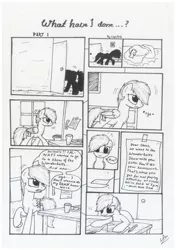 Size: 1024x1449 | Tagged: angry, artist:lupiarts, black and white, comic, comic:what have i done, cookie, derpibooru import, desk, food, grayscale, homework, letter, monochrome, oc, oc:chess, safe, speech bubble, traditional art, unofficial characters only