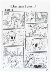 Size: 1024x1449 | Tagged: artist:lupiarts, black and white, comic, comic:what have i done, crying, danger, derpibooru import, fire, grayscale, monochrome, oc, oc:chess, safe, speech bubble, traditional art, unofficial characters only