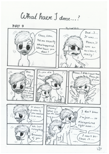 Size: 1024x1449 | Tagged: safe, artist:lupiarts, derpibooru import, oc, oc:camilla curtain, oc:chess, oc:ron nail, oc:sally, unofficial characters only, comic:what have i done, black and white, comic, crying, grayscale, monochrome, speech bubble, traditional art, tragic