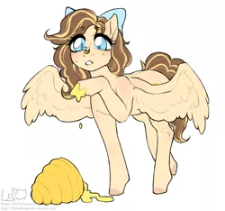 Size: 2800x2620 | Tagged: safe, artist:littlesheep, derpibooru import, oc, unofficial characters only, bee, pegasus, pony, beehive, blushing, bow, food, honey, solo