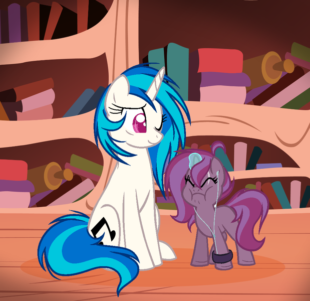 Size: 1024x992 | Tagged: safe, artist:marielle5breda, derpibooru import, vinyl scratch, oc, oc:dubstep, pony, unicorn, earbuds, female, magic, magical lesbian spawn, mother and daughter, offspring, parent:tempest shadow, parent:vinyl scratch, silly, sitting