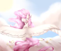 Size: 1024x853 | Tagged: safe, artist:sheetanii, derpibooru import, princess celestia, alicorn, pony, cloud, female, mare, pink-mane celestia, rear view, smiling, solo, spread wings, wings, younger