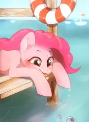 Size: 1440x1990 | Tagged: safe, artist:dagmell, derpibooru import, pinkie pie, earth pony, fish, pony, chromatic aberration, female, lifebuoy, looking down, mare, ocean, pier, prone, solo, water