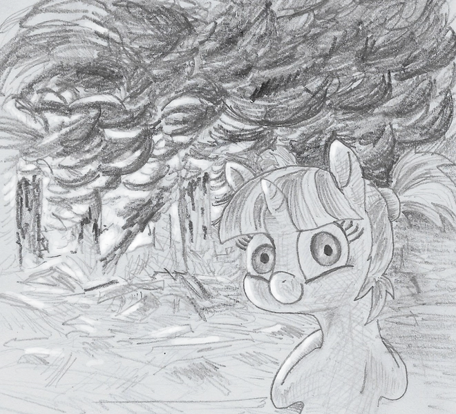 Size: 867x788 | Tagged: artist:t72b, burning, creepy, creepy smile, derpibooru import, disaster girl, female, filly, filly starlight glimmer, fire, looking back, monochrome, nightmare fuel, safe, smiling, smoke, solo, starlight glimmer, this is fine, traditional art, younger