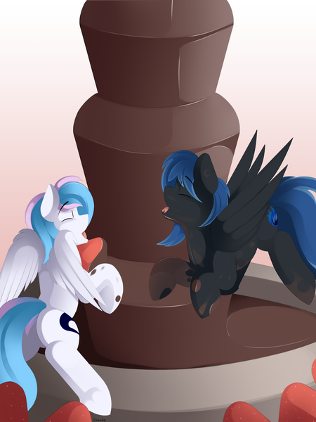 Size: 2043x2724 | Tagged: safe, artist:conrie, derpibooru import, oc, oc:midnight light, oc:starburn, unofficial characters only, chocolate, chocolate fountain, food, licking, strawberry, tongue out