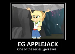 Size: 1063x769 | Tagged: safe, derpibooru import, edit, edited screencap, screencap, applejack, equestria girls, legend of everfree, carrying, cute, do you even lift, grin, image macro, jackabetes, meme, motivational poster, rock, smiling, solo, squee, strength, strong, stronk, super strength