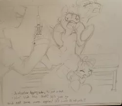 Size: 2988x2590 | Tagged: safe, artist:prismspark, derpibooru import, apple bloom, applejack, big macintosh, pony, featureless crotch, monochrome, needle, panicking, scared, syringe, traditional art, trypanophobia