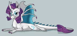 Size: 2000x940 | Tagged: artist:cobracookies, claws, cutie mark, derpibooru import, dragon, dragoness, dragonified, female, gray background, horn, looking at you, prone, raridragon, rarity, safe, scales, simple background, solo, species swap, wings