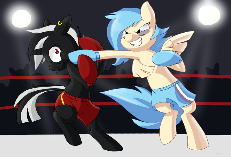 Size: 1470x1000 | Tagged: safe, artist:cobracookies, derpibooru import, oc, oc:k.o., oc:slugger, unofficial characters only, pegasus, pony, unicorn, boxing, boxing gloves, bruised, clothes, duo, ear piercing, earring, fight, grin, horn, jewelry, lights, piercing, punch, smiling, sports, trunks, wings