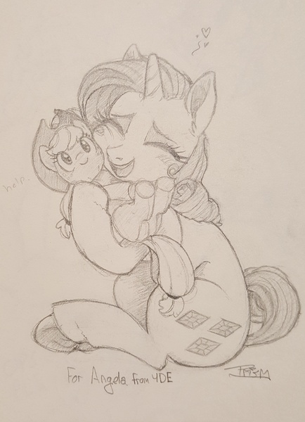 Size: 2864x3960 | Tagged: applejack, artist:prismspark, cheek squish, cute, derpibooru import, female, help, implied lesbian, implied rarijack, implied shipping, jackabetes, monochrome, pencil drawing, plushie, raribetes, rarity, safe, squishy cheeks, traditional art