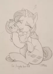 Size: 2864x3960 | Tagged: applejack, artist:prismspark, cheek squish, cute, derpibooru import, female, help, implied lesbian, implied rarijack, implied shipping, jackabetes, monochrome, pencil drawing, plushie, raribetes, rarity, safe, squishy cheeks, traditional art