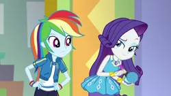 Size: 1280x720 | Tagged: safe, derpibooru import, screencap, rainbow dash, rarity, a fine line, equestria girls, equestria girls series, clothes, geode of shielding, geode of super speed, lidded eyes, magical geodes, makeup, pants, raised eyebrow, wristband