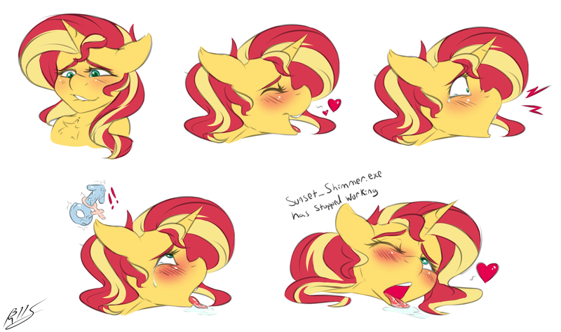 Size: 3200x1895 | Tagged: questionable, artist:drizziedoodles, derpibooru import, sunset shimmer, oc, ahegao, blushing, canon x oc, crying, drool, drool string, exclamation point, eyes closed, face down ass up, female, floppy ears, happy, happy sex, heart, implied sex, implied straight, lewd emotions, lip bite, one eye closed, open mouth, salivating, shocked, smiling, tears of joy, tears of pleasure, tongue out, wingding eyes, wink