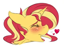 Size: 1022x778 | Tagged: suggestive, artist:drizziedoodles, derpibooru import, sunset shimmer, pony, unicorn, blushing, bust, eyes closed, female, floppy ears, happy, happy sex, heart, implied sex, mare, open mouth, portrait, simple background, smiling, solo, tongue out, white background