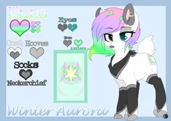 Size: 3507x2480 | Tagged: safe, artist:red_moonwolf, derpibooru import, oc, oc:winter aurora, unofficial characters only, deer, deer pony, original species, antlers, clothes, deer oc, doe, female, heterochromia, image, neckerchief, piercing, png, reference sheet, socks, solo