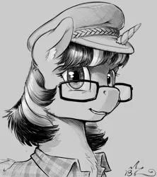 Size: 1000x1125 | Tagged: safe, artist:amarynceus, deleted from derpibooru, derpibooru import, oc, oc:amarynceus, unofficial characters only, pony, unicorn, bust, chest fluff, clothes, ear fluff, female, glasses, gray background, grayscale, hat, horn impalement, mare, monochrome, portrait, shirt, simple background, solo