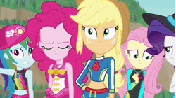 Size: 751x422 | Tagged: safe, derpibooru import, edit, screencap, applejack, fluttershy, pinkie pie, rainbow dash, rarity, sci-twi, sunset shimmer, twilight sparkle, equestria girls, equestria girls series, forgotten friendship, animated, belly button, big boss, clothes, geode of empathy, gif, humane five, humane seven, humane six, metal gear, metal gear solid, metal gear solid: peace walker, midriff, naked snake, swimsuit, the boss