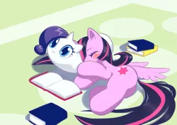 Size: 1419x1000 | Tagged: safe, artist:unousaya, derpibooru import, rarity, twilight sparkle, twilight sparkle (alicorn), alicorn, pony, blushing, body pillow, bolster pillow, book, cute, eyes closed, female, implied lesbian, implied rarilight, implied shipping, lesbian, mare, pillow, plushie, raribetes, rarilight, rarity is a marshmallow, shipping, side, sleeping, smiling, solo, spread wings, that pony sure does love books, twiabetes, wat, wings