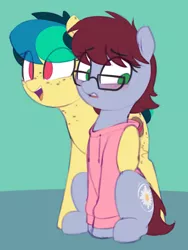 Size: 1176x1562 | Tagged: safe, artist:shinodage, derpibooru import, oc, oc:apogee, oc:daisy cutter, unofficial characters only, earth pony, pegasus, pony, blushing, clothes, cute, duo, female, filly, freckles, glasses, hoodie, hoof on shoulder, ocbetes, sitting