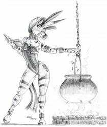 Size: 1100x1311 | Tagged: suggestive, artist:baron engel, derpibooru import, zecora, anthro, zebra, armpits, book, breasts, bunny ears, bunny suit, busty zecora, cauldron, clothes, female, grayscale, image, jpeg, monochrome, pencil drawing, simple background, solo, solo female, stupid sexy zecora, traditional art, white background, wristband