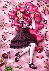 Size: 1000x1451 | Tagged: safe, artist:king-kakapo, derpibooru import, part of a set, pinkie pie, human, candy, clothes, dress, female, food, high heels, humanized, light skin, looking at you, mary janes, pantyhose, ribbon, shoes, skirt, socks, solo, stockings, thigh highs, tongue out