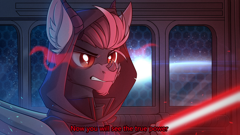 Size: 1920x1080 | Tagged: artist:redchetgreen, crossover, derpibooru import, disney, gritted teeth, lightsaber, oc, safe, sith, solo, star wars, subtitles, unknown species, unofficial characters only, weapon, ych result