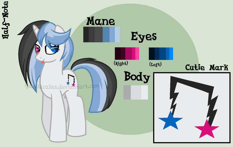 Size: 1544x974 | Tagged: safe, artist:ipandacakes, derpibooru import, oc, oc:half-note, unofficial characters only, pony, unicorn, female, heterochromia, mare, offspring, parent:neon lights, parent:vinyl scratch, parents:vinylights, reference sheet, solo