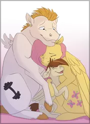 Size: 2814x3889 | Tagged: safe, artist:artikit, derpibooru import, bulk biceps, featherweight, fluttershy, pegasus, pony, colt, family, female, flutterbulk, group hug, hug, male, mare, shipping, stallion, straight